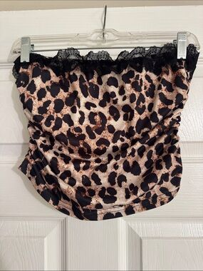 Leopard Print Lace Trim Tube Top - Black & Tan
